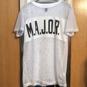 Forever 21 size S white mesh short sleeve shirt with solid front panel MAJOR